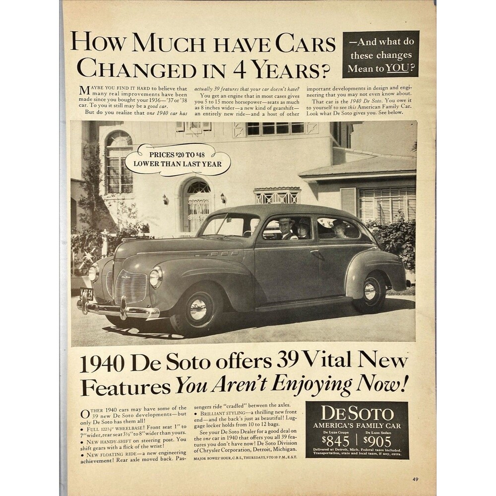 DeSoto "1940 offers 39 New Features- America's Family Car" Vtg Print Ad 1940-41